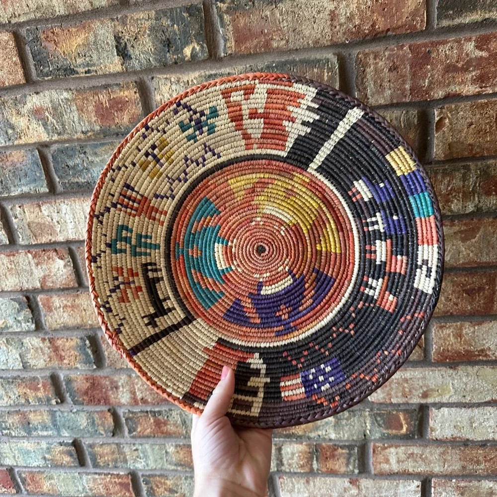 Vintage Southwestern Woven Coil Basket Wall Decor Tray 14 Inch Multicolor